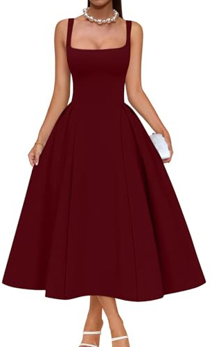 Memoriesea Women's Elegant Square Neck Swing A Line Wedding Evening Party Midi Dress Burgundy