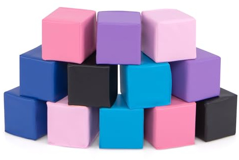 COSTWAY 12 PCS Module Motricité Bébé en Mousse EPE avec Housse en PU, Cubes de Construction Bébé en Mousse Légers, Jouets Éducatifs pour Enfants d'Âge Préscolaire, Multicolore (Bleu+Noir)