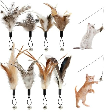 HMCEY 8 Pièces Jouet pour Chat à Plume,Canne à Pêche Jouet Chat avec Cloches,Plume de Rechange Jouets Chats,Cat Toy,Jouets Interactif pour Chats Interieur pour Le Mouvement et Le Jeu Interactif