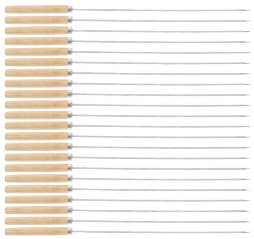 SHINEOFI 50pcs 304 Stainless Steel Bbq Skewers with Wooden Handle, Flat Wide Metal Vegetable and Meat Kebob Sticks, Reusable Grill Skewers for Outdoor Barbecue and Camping