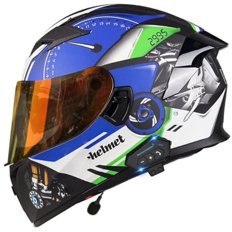 Bluetooth Caschi Integrali Per Moto Casco Integrale Retrò Certificazione ECEDOT Elmetto Integrato Con Doppia Visiera Per Uomini Donne Bluetooth Casco Cross E Off-Road H,XL:61-62CM