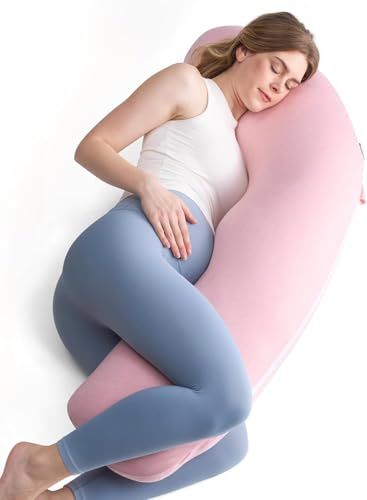 momcozy Cuscino Gravidanza a Forma di J, Cuscino Premaman per Dormire sul Fianco, Body Pillow Morbido con Federa in Jersey di Cotone, Supporto per Testa, Collo e Pancia, Rosa