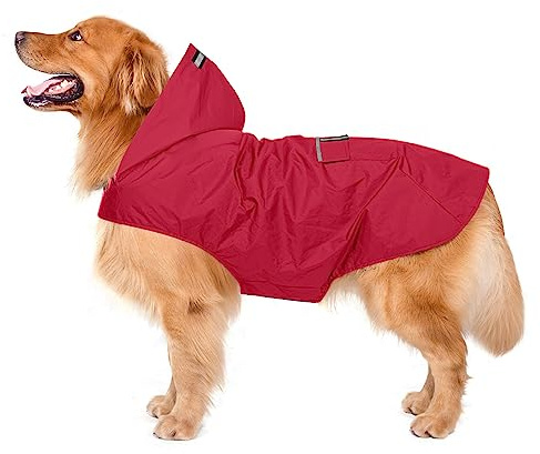 Zellar Impermeabile per Cani con Cappuccio e Foro per Colletto e Strisce Riflettenti protettive, Impermeabile Ultraleggero e Impermeabile 100% Impermeabile Cani di Taglia Media Large rosso