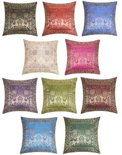 RAJRANG BRINGING RAJASTHAN TO YOU Ethnische Kissenbezüge Set von 10 böhmischen Seidenakzent -Pfau -Sofa -Kissen Kantha Home Decor 16x16 Zoll