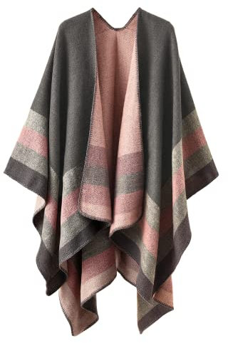 Colornival Damen Winter Poncho - Elegante Decke Cape Strick Mantel Schal - Warmes Geschenk für Geburtstag Weihnachten (Grau + Rosa)