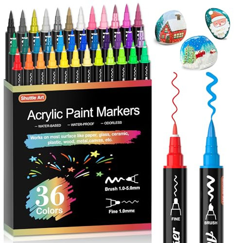 Shuttle Art Acrylstifte für Steine wasserfest, 36 Farben Steine bemalen Stifte Set, doppelköpfige Acrylmarker mit Pinsel & feine Spitze, Acryl Stifte für holz, Ostereier, Glas, Keramik, Leinwand
