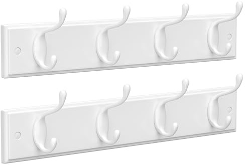 SONGMICS Set of 2 Wall-Mounted Coat Rack, Hook Rack, 8 Dual Metal Hooks, for Coats, Bags, Keys, in The Entryway, Bedroom, Living Room, White ULHR232W01