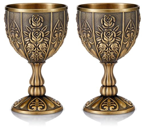 MorningRo 2 Pcs Vintage Chalice Goblet 3.4oz Easter Medieval Engraving Wine Liqueur Cup Bronze Royal Drinking Glasses Shot Vessel for Wedding Blessings Baptism Party Home Decor Gift