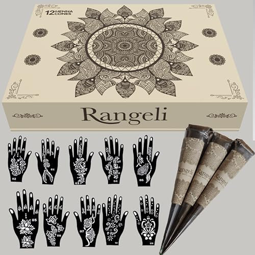 Rangeli 100% Natural Henna Cones with Stencil Kit, Ready to Use Suitable for Temporary Tattoo Weddings and Festivals, Chemical-Free Reddish-Brown Mehandi Cones, Pack of 12