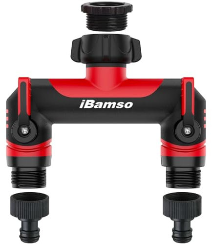 iBamso Garden Hose Splitter, 2 Way Garden Tap Splitter 3/4 Twin-Tap Connector, Faucet Connector with On/Off Valves and Extended Metal Handle, Two Channel Water Distributor for Yard Outdoor Home -Red
