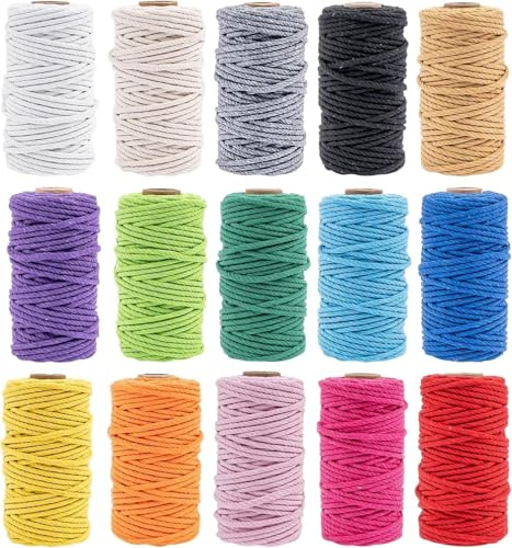 15 Stück Makramee Garn 3mm x 30m, Bunte Makramee Baumwollgarn Natur 3mm, Baumwoll Bastelschnur für DIY Handwerk Basteln Stricken Boho Deko Wandbehang Dekoration Wohnzimmer Balkon