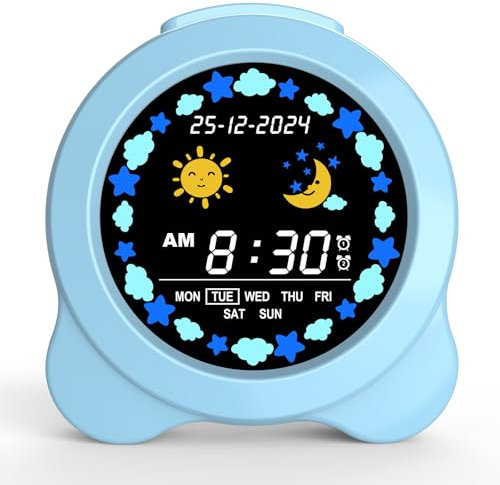 Sveglia per Bambini, Display LED Sole & Luna con Giorno e Data, Trainer di Sonno per Bambini con Luce Notturna e Suoni di Sonno, Sveglia Simpatica per Camera Regali per Ragazzi e Ragazze