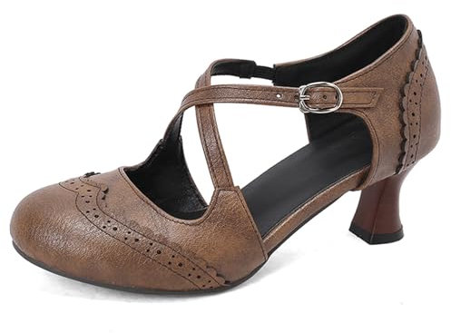 Diuniarza Damen Retro Mary Jane Schnalle Arbeit Low Mitte Absatz Dancing Schuhe Party Prom Pumps Strap Leisure Kitten Heel Braun Gr 38 EU/39 Asiatisch