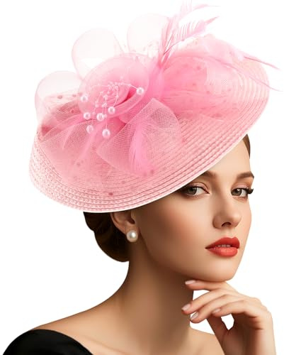 DRESHOW Chapeau Fascinateur en Maille avec Plume Perlée sur Bandeau et Pince Fourchue Chapeau Cocktail Tea Party pour Filles et Femmes Noble Kentucky Hat