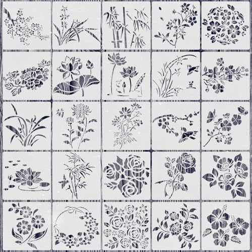 25 Piezas Plantillas de Flores, Flor de Loto Hoja de Bambú Plantilla Floral Grande Reutilizable para Pintar Artesanía en Madera Decoración de Hogar de Pared (15x15cm)