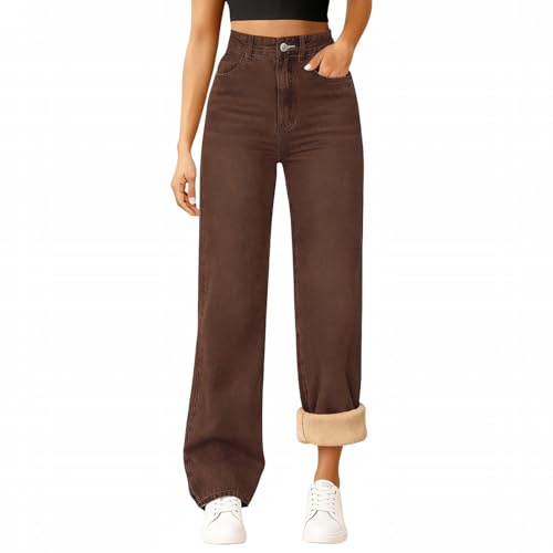 Generisch Jeans da donna a vita alta, imbottiti, pantaloni termici, a gamba dritta, comodi, in denim, a gamba larga, per il tempo libero, morbidi pantaloni in pile con tasche, per l'inverno e il tempo