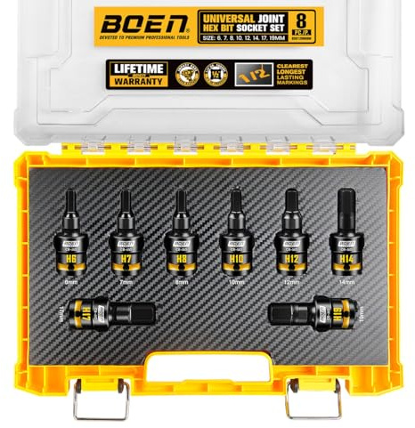 BOEN 1/2 Drive Impact Hex Bit Set, 8-Pieces Universal Metric Size (6, 7, 8, 10, 12, 14, 17, 19mm), Swivel Allen Bit Socket Set, Embossed and Painted Marking, CR-MO Steel