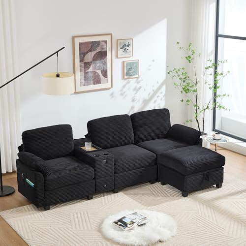 FammyLoft L-form bäddsoffa med sänglåda, stor manchestersoffa med komfortskum, modulär soffa med sovfunktion, USB-C-port, sidoficka, förvaringsbox, rörlig studs-ottoman, svart