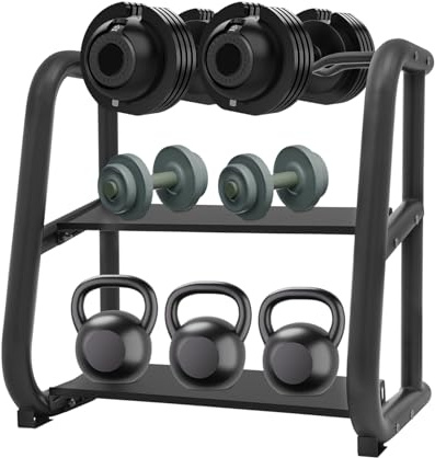 Hantelställ, multifunktionellt kettlebell förvaringshylla, 2-steg, 100 kg lastkapacitet 62 x 40 x 63 cm, svart, för hantlar, kettlebells, hantelbänk