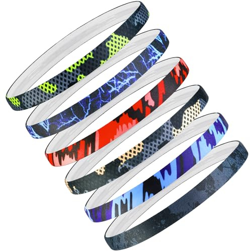 Blooms Sport hårband män pojkar barn, 6 st pannband damer tunna sommarhårband halkskydd silikon svettband panna elastiska pannband för fotboll, löpning, yoga, tennis