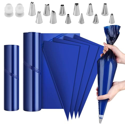 ZXBBTZ 100 PCS Mangas Pasteleras Desechables 52/39 cm, Bolsas de Manga Pastelera con 12 Boquillas de Acero Inoxidable y 2 Adaptadores, Bolsas de Pastelería para Cupcakes, Pastelería, Dulces y Tartas