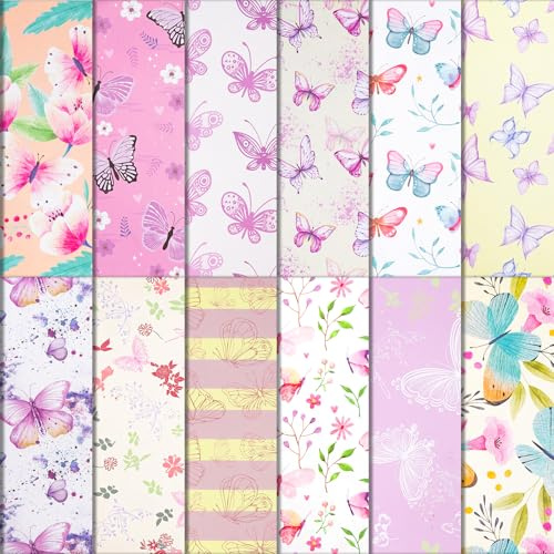 RAORAOYUE 24 Butterfly Flowers Scrapbook Decorative Paper, 12x12 in | Double Sided Spring Butterfly Flower Pattern Paper, Craft Paper Folded Flat for Birthday Card Making Photo Album Decor