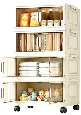 Viyohoh Storage Boxes with Lid, 4 Tier Plastic Stackable Storage Box with 1 Lid, Folding Stackable Organiser with Wheels for Bedroom Kitchen Living Room Office (28L/Tier)