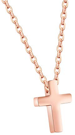 Eymi Children Stainless Steel Small Cross Pendant Necklace Security Hypoallergenic, 16 Chain (Rose Gold-Tone)