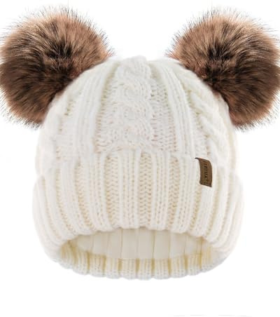 FURTALK Toddler Warm Winter Hat Kids Baby Knitted Soft Beanie with Double Faux Fur Pom Poms for Girls Boys Cream White,6-24 Months
