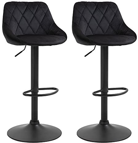 HOMCOM Barhocker 2er Set Höhenverstellbar Drehbar Barstühle mit Samtoptik Tresenhocker mit Rückenlehne mit Diamant-Tufting und Fußstütze für Bar, Theke, Esszimmer, Stahl Schwarz