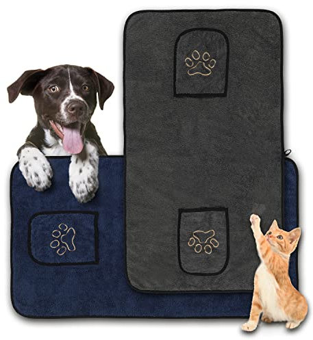 Vapana | Hundehandtuch - Saugfähig 2 Stück | Blau & Grau | 125 x 75 cm | Handtuch Für Hunde Und Katzen Aus 100% Baumwolle Schnell Trocknendes Mikrofaser Handtuch Hunde-Badehandtuch
