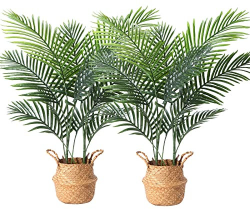 Ferrgoal Kunstpflanze Areca Palme mit Seegras Korb 110cm Plastik Künstliche Pflanzen Groß im Topf Kunstpalme für Badezimmer Wohnzimmer Schlafzimmer Dekoration(2 Stück)