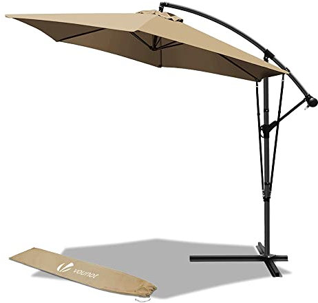 VOUNOT Ampelschirm 300 cm, Sonnenschirm mit Kurbelvorrichtung, Windsicherung und Schutzhülle, Sonnenschutz UV-Schutz, Gartenschirm Marktschirm Kurbelschirm, Khaki