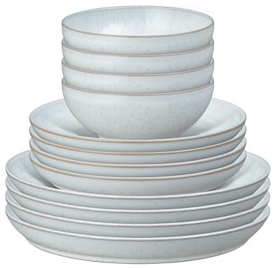 Denby - White Speckle Coupe Dinner Set for 4-12 Piece Ceramic Tableware Set - Dishwasher Microwave Safe Stoneware Crockery - Reactive Glaze, White - 4 x Dinner Plates, Medium Plates, Cereal Bowls