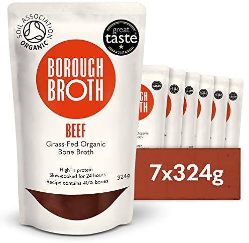 Organic Beef Bone Broth by Borough Broth - High in Collagen for Healthy Skin & Joints - High Protein & Low Calorie - Gluten Free - Grass Fed - Perfect for Gravy & Soups - Delivered Chilled - 7 x 324g
