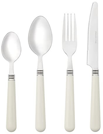 Baroni Home Ménagère 24 Pièces en Acier Inoxydable, Lot Couverts de Table Poignée en Plastique, Pour 6 Personnes Lavables au lave-vaisselle, Fourchette, Couteau, Cuillère, Cuillère à Dessert, Blanc