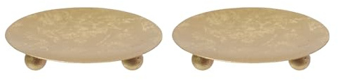 Hosley Set of 2 Gold Iron Pillar Candle Holder Plates – 4-Inch Decorative Round Trays for Pillar Candles – Ideal for Weddings, Special Occasions, Home Décor, and Pedestal Displays