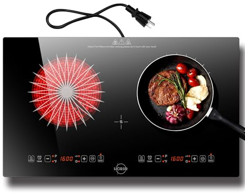 Hobsir 24 Inch 2 Burner Electric Cooktop 110V, 2000W Independent Power, Countertop & Built-in Electric Stove with Plug, LED Touch Control, Menu Function, Safety Lock, Kitchen Apartment RV Camping