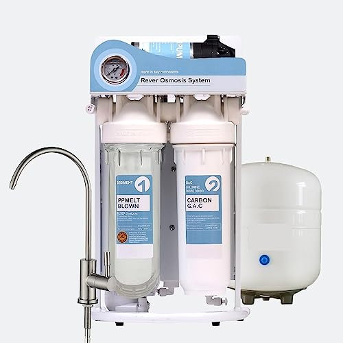 Sistema de filtración de agua por ósmosis inversa Sistema de ósmosis inversa PREMIUM de 5 etapas con grifo y tanque de metal 3.2G-50GPD, potencia: 220-240 Fácil de reemplazar y usar