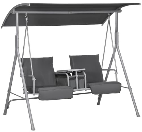 Outsunny Dondolo da Esterno con Tavolino e Portabicchieri Centrale, Dondolo 2 Posti in Metallo con Tettuccio in Poliestere, 175 x 112 x 158 cm, Grigio