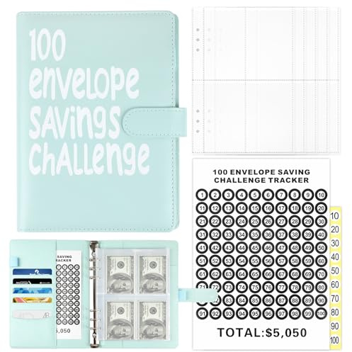 ZALAON Money Saving Book with Mark Stickers,100 Envelope Challenge Binder for Cash Stuffing Saving Book with Cash Envelopes for School Home Office (Blue)