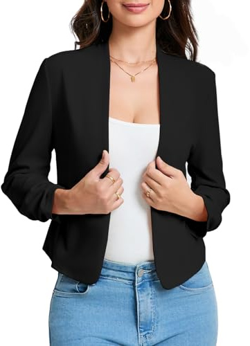 Hobrounn Blazer para mujer elegante de 3/4 mangas, blazer para uso casual, chaqueta abierta, blazer corto informal, chaqueta de oficina, Negro , M
