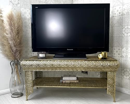 DOWNTON INTERIORS Dark Gold Moroccan Style Embossed Metal TV Unit Television Stand (GZ427) Part of the AGADIR Collection (Dark Gold)