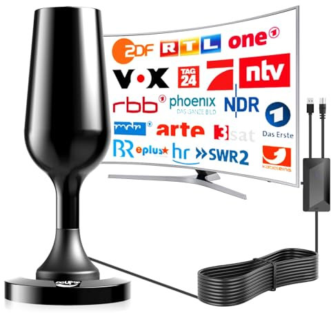 DVBT2 Antenne, zimmerantenne DVB-T & DVB-T2 Antennen mit Verstärker, Großer Reichweite und 360° Empfang, Zimmerantenne für Fernseher mit Starkem Magnetfuß, Geeignet für 4K 1080p & Alle TV-Geräte