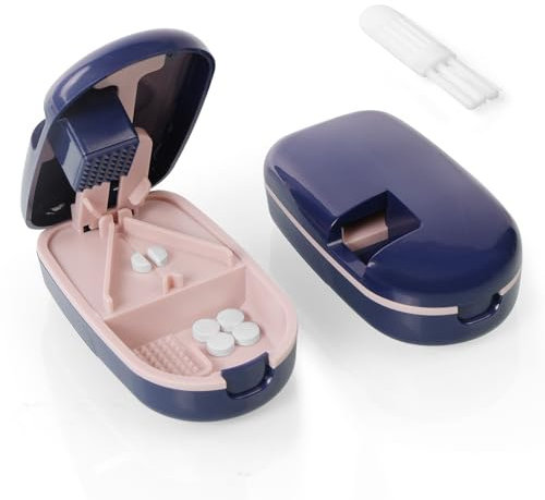 AOGOE Taglia Pillole, Separatore di Pillole Portatile con Lama, Taglio V con Macinatura, Comprimido che Scivola Automaticamente, Trita Pastiglie Medicine e Spazzola per Anziani, Bambini, Viaggi