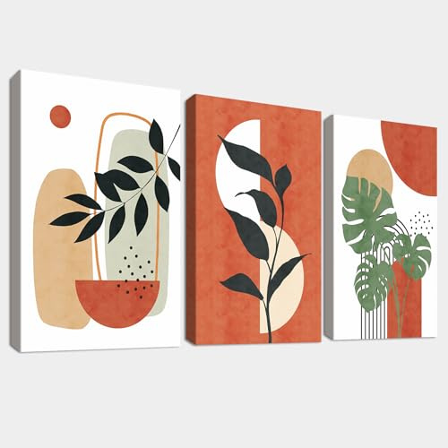 3 st träramade Boho-canvastavlor Orange abstrakta blad och solmålning Canvastavlor Nordisk minimalistisk geometrisk bild för vardagsrum, sovrum, hall, hemväggdekoration 150x70 cm (20”x28”x3 st)