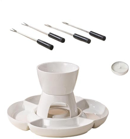 Fonduetillverkare, keramisk fondueset, interaktiv fondueset, fonduegaffel och bricka, värmekanna, set med varm grytskål, ljus uppvärmning och smältskål för ost, choklad, godis
