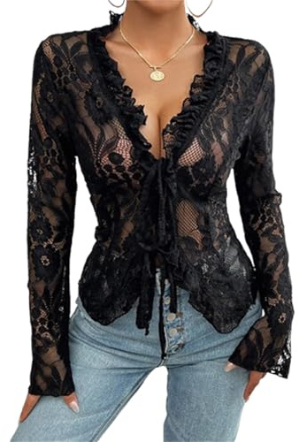 Nicoxijia Womens Y2k Sexy Open Front Tie Long Sleeve Ruffle Trim Lace Tops See Through Sheer Mesh Crop Top Blouses Streetwear