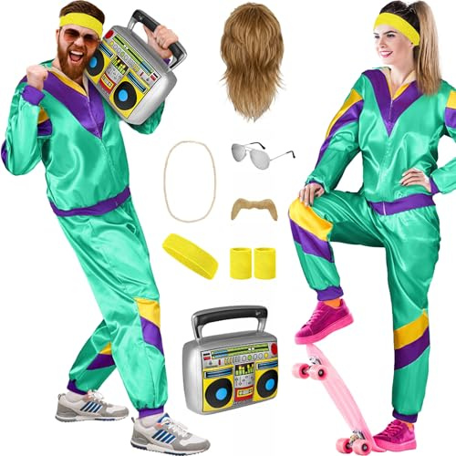 Balinco Disfraz de los años 80 para mujer/hombre, traje de entrenamiento, disfraz de carnaval, peluca de Vokuhila, barba, cadena, gafas de piloto, bandas para el sudor, ghettoblaster (menta, morado