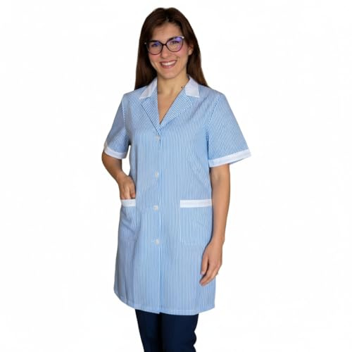AJM STORE Camice da Lavoro Professionale, Grembiule Donna, Manica Corta, con Tasche, Disponibile in Rosa, Azzurro a Quadretti e Righe (IT, Testo, XL, Regular, Regular, Rigo Azzurro)